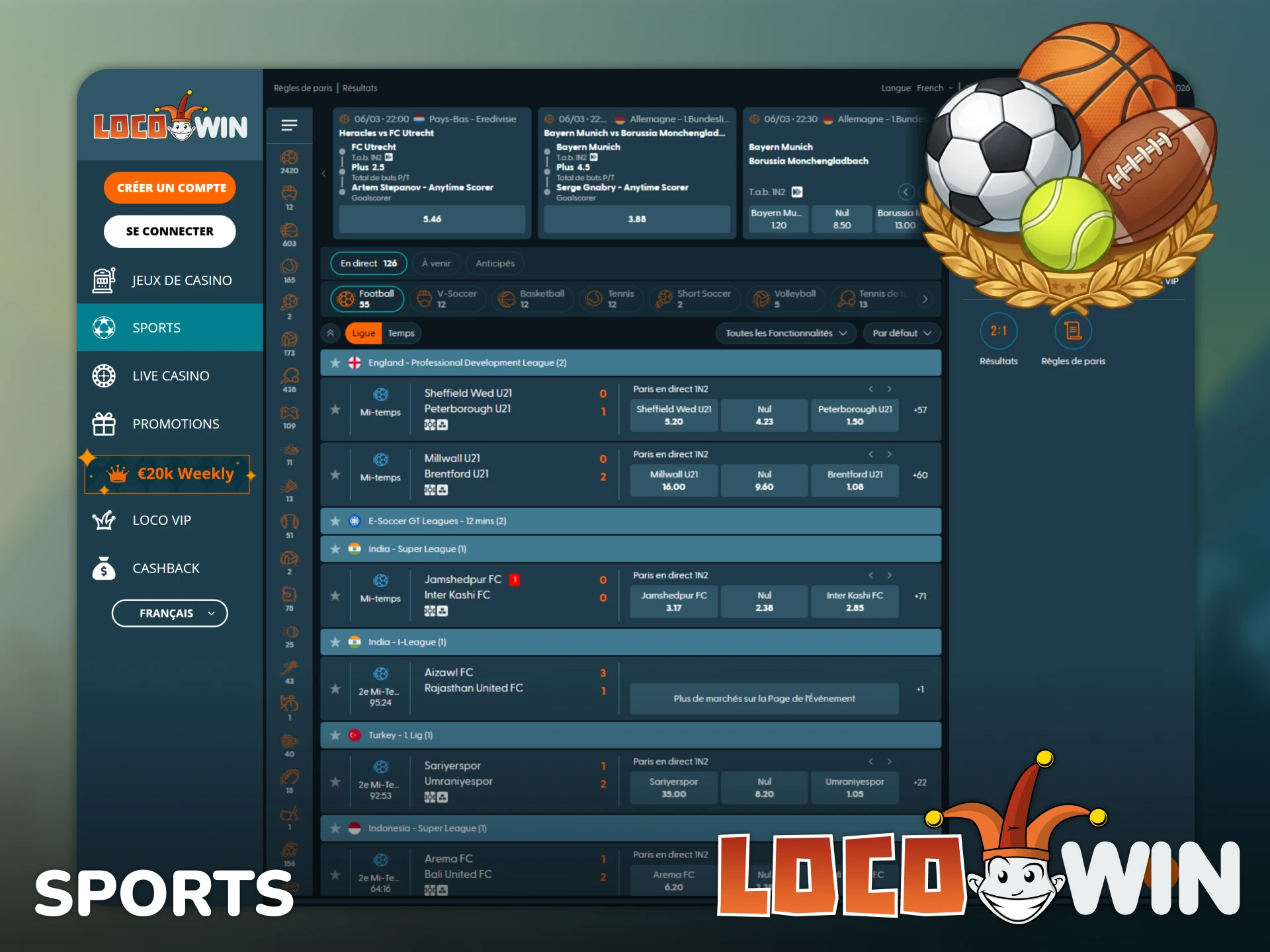 Misez sur vos compétitions préférées dans la section sport de Locowin.