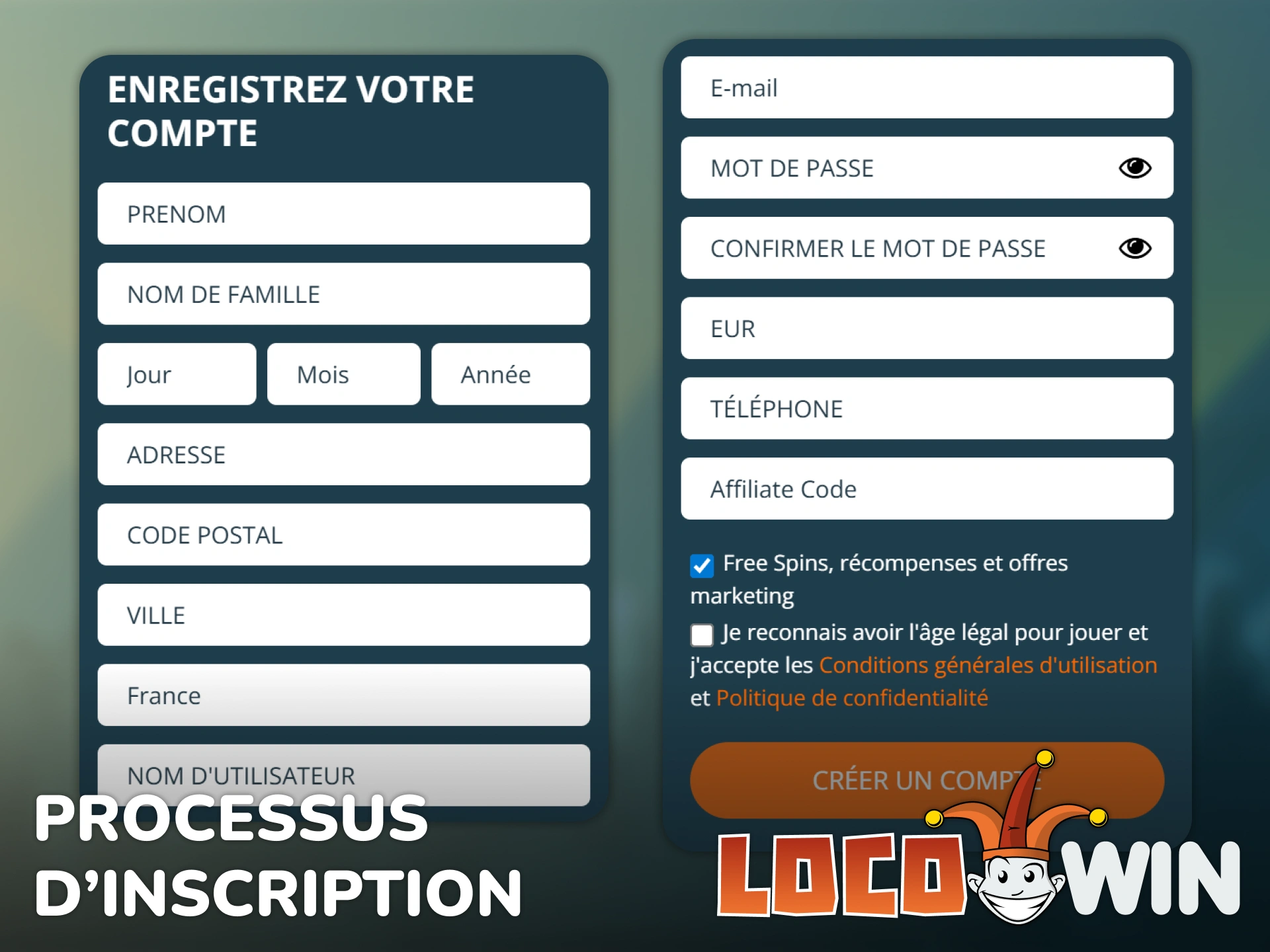 Créez votre compte joueur directement sur l'App Locowin mobile.