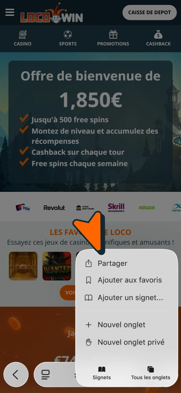 Utilisez la fonction de partage pour l'App Locowin iOS.