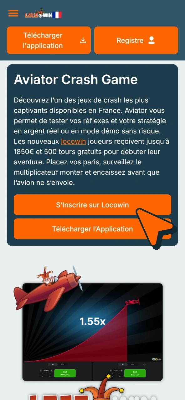 Cliquez pour jouer à Aviator après votre inscription sur Locowin.