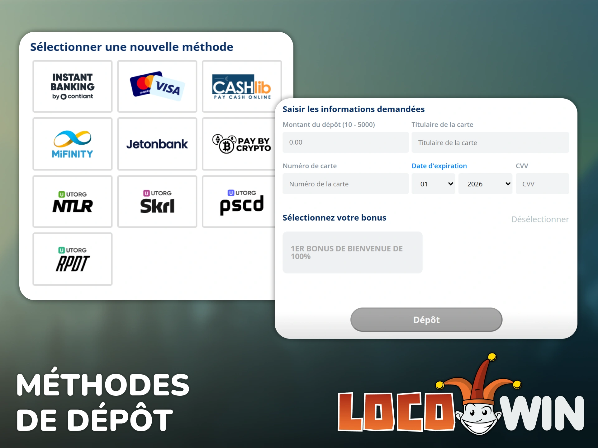 Sélectionnez une méthode de dépôt pour jouer à Aviator sur Locowin.