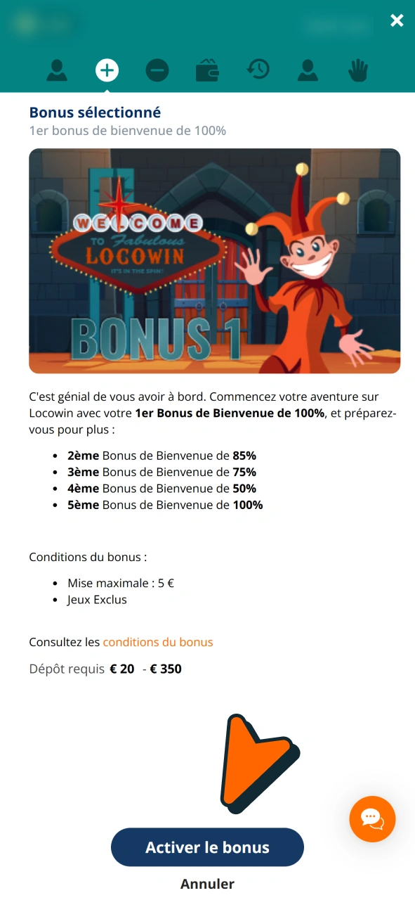 Confirmez l'activation pour commencer à jouer avec votre bonus Locowin.