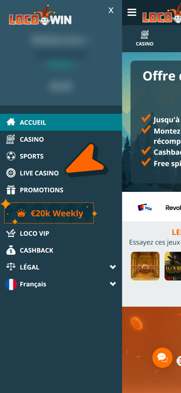 Ouvrez l'onglet dédié pour jouer au casino en direct sur Locowin.