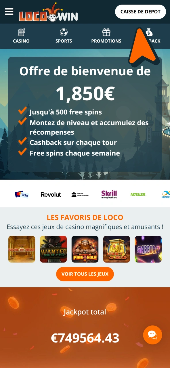 Accédez à la caisse selon les instructions de dépôt sur Locowin.